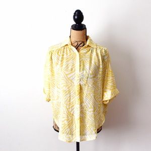 GUESS Small Yellow Sheer Zebra Print Button Down 3/4 Sleeve Blouse